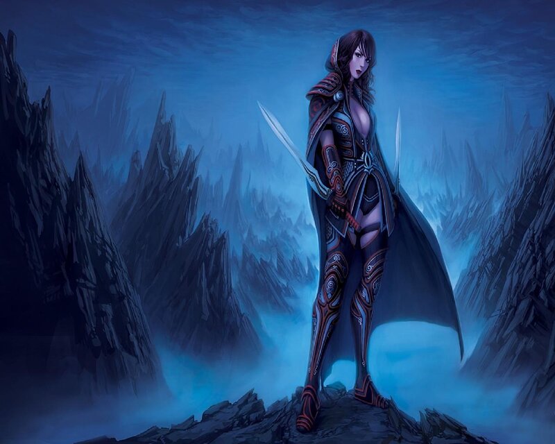 Female Warrior with Swords — Blue, Dramatic, Night, Digital Art, Mountains