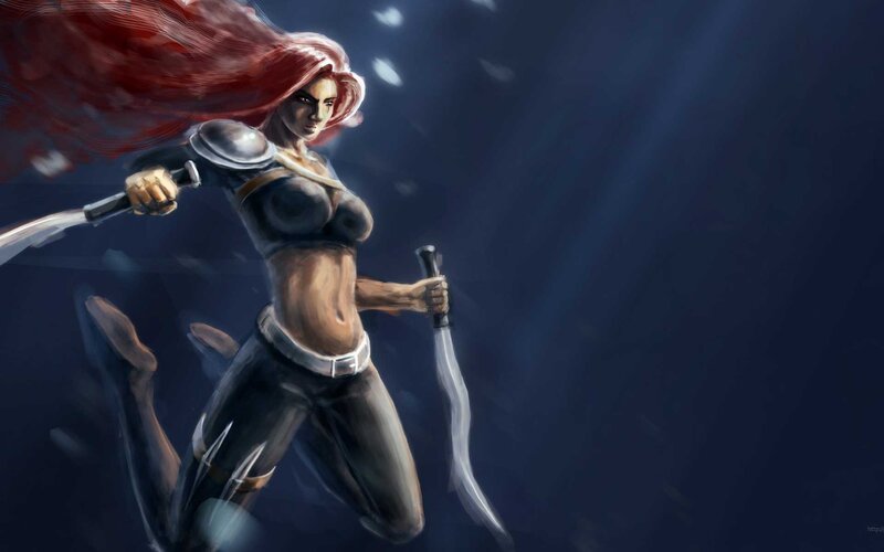 Female Warrior with Swords — Blue, Dramatic, Night, Digital Art, Red Hair, Armor