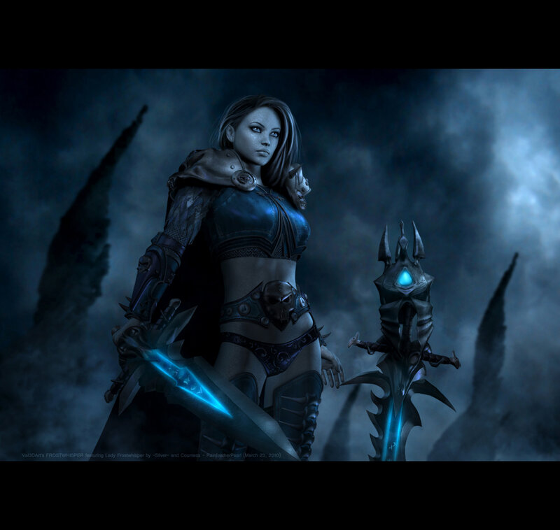Female Warrior with Swords — Blue, Dramatic, Night, Digital Art
