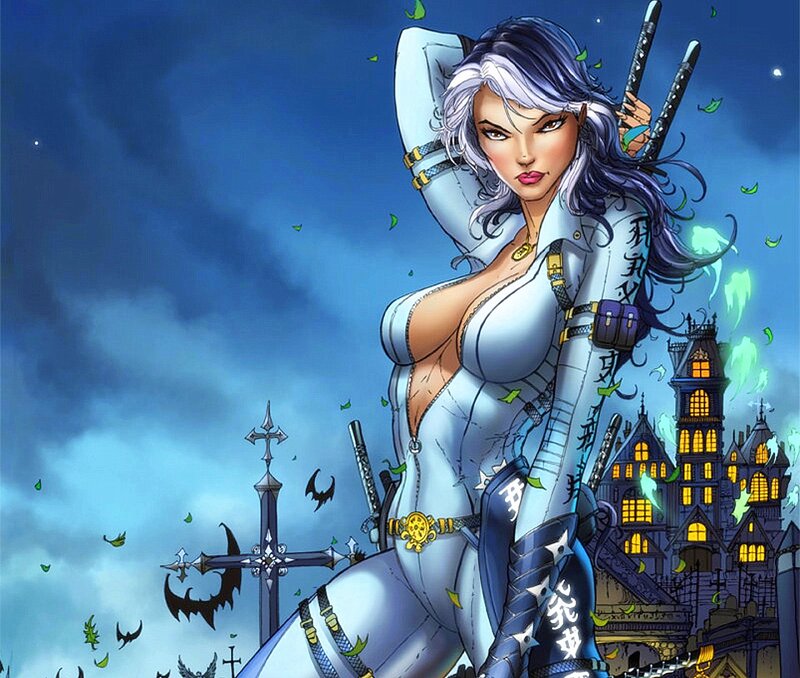 Female Warrior with Swords — Blue, Dramatic, Night, Manga, Castle