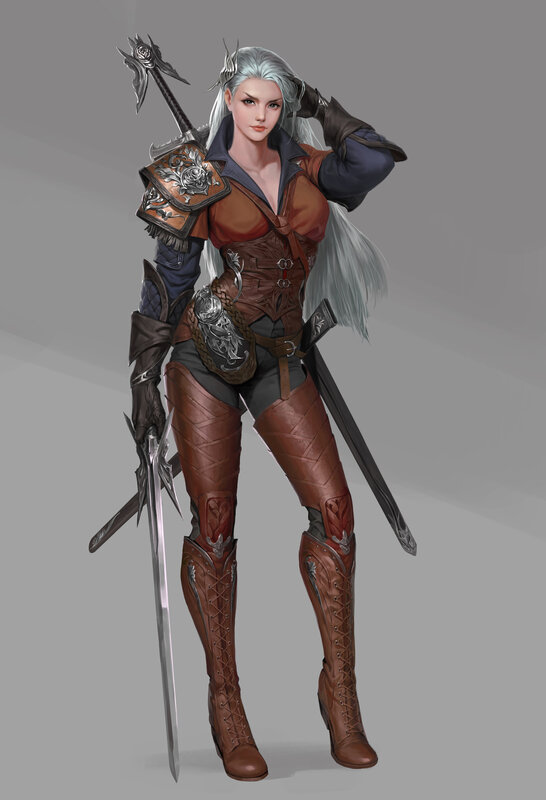 Female Warrior with Swords — Brown, Confident