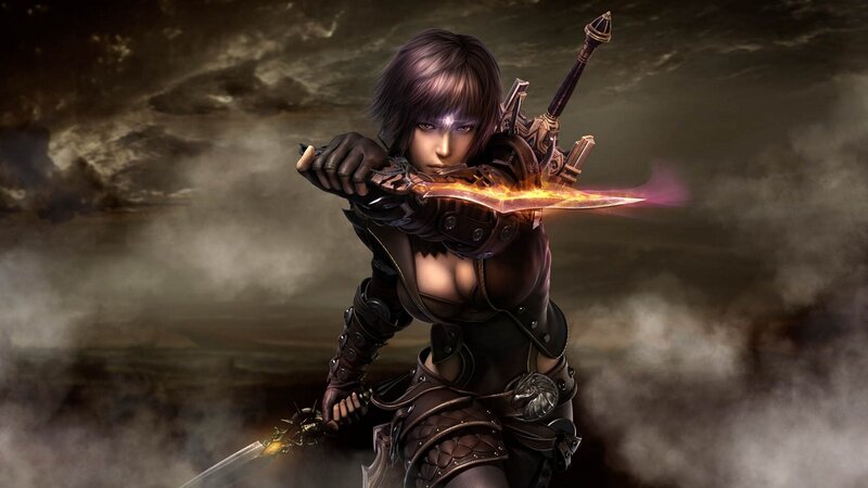 Female Warrior with Swords — Brown, Dramatic, Digital Art, Armor, Smoke