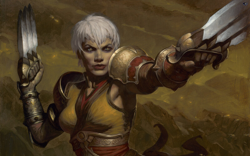 Female Warrior with Swords — Brown, Dramatic, Digital Art, Armor