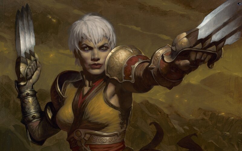 Female Warrior with Swords — Brown, Dramatic, Digital Art, Armor, White Hair, Yellow, Silver