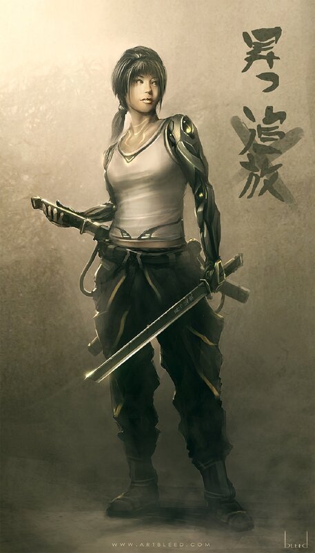 Female Warrior with Swords — Brown, Dramatic, Digital Art, Armored Sleeve