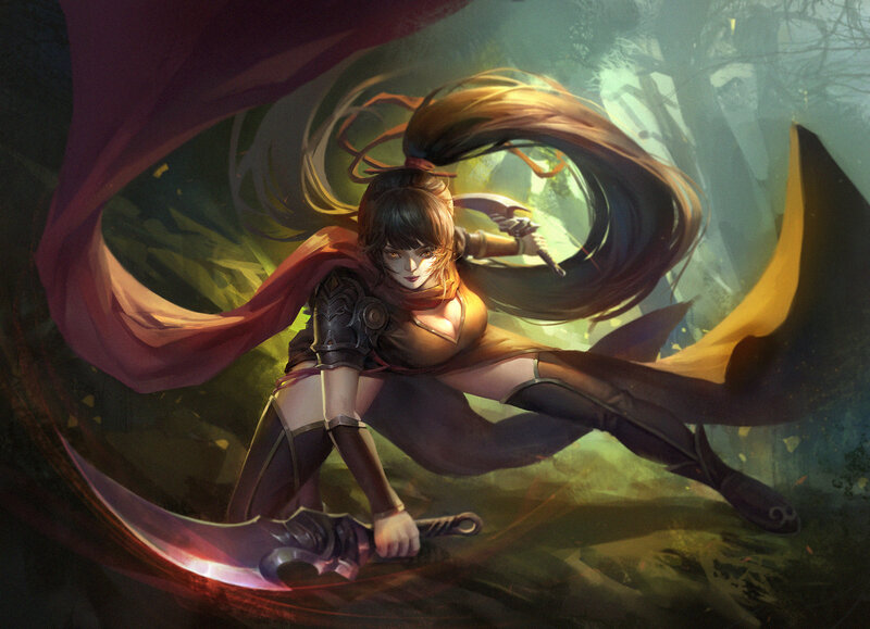 Female Warrior with Swords — Brown, Dramatic, Digital Art, Cape