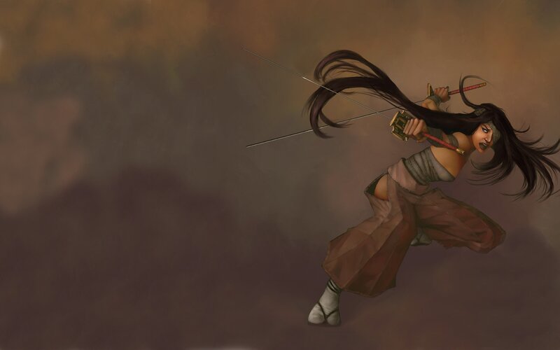 Female Warrior with Swords — Brown, Dramatic, Digital Art, Long Hair, Flowing Pants