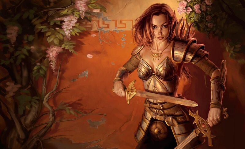 Female Warrior with Swords — Brown, Dramatic, Spring