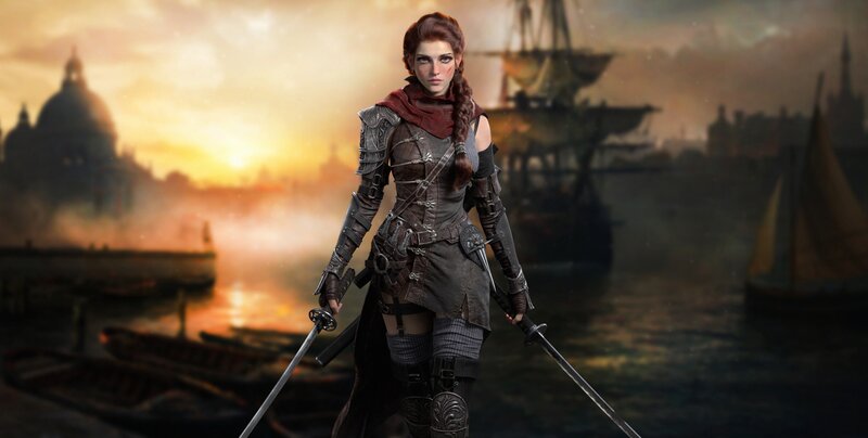 Female Warrior with Swords — Brown, Dramatic, Sunset
