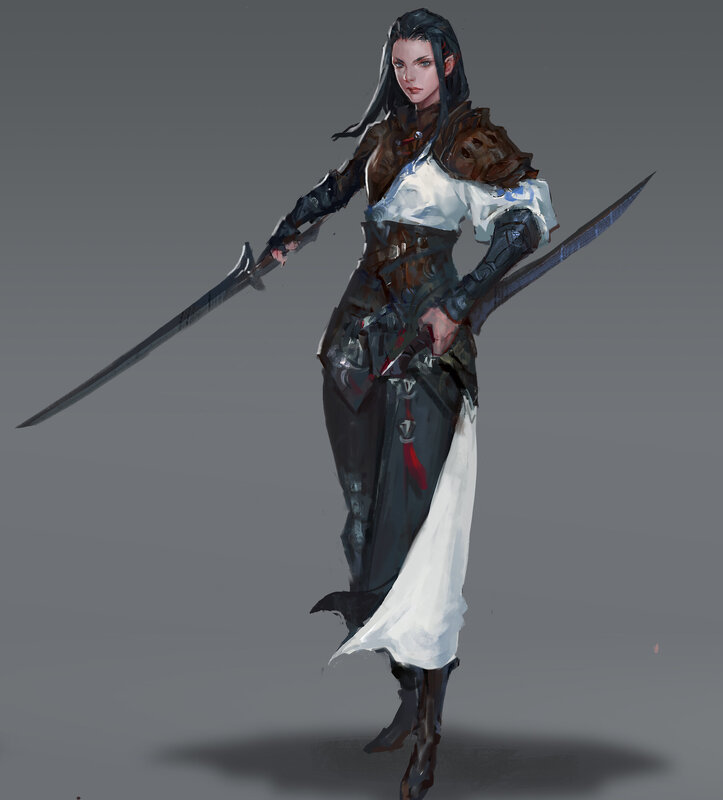 Female Warrior with Swords — Gray, Dramatic, Digital Art, Armor