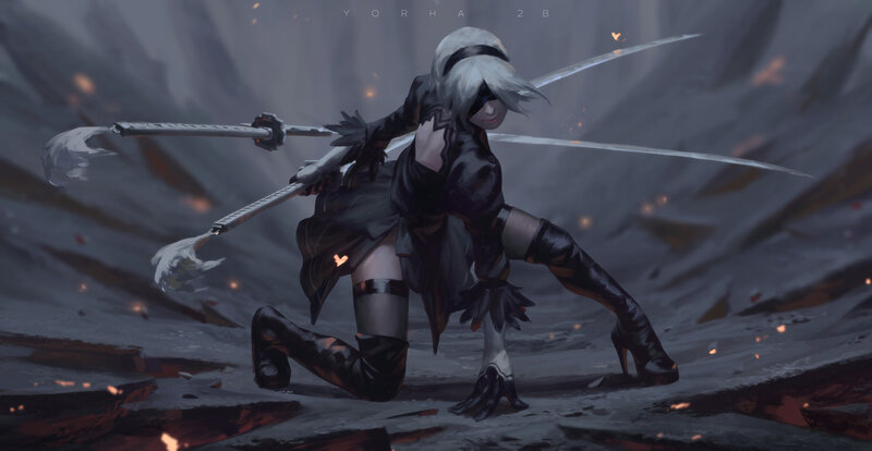 Female Warrior with Swords — Gray, Dramatic, Digital Art, Boots