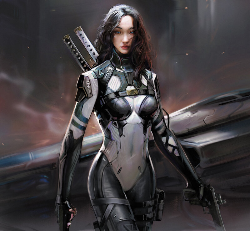 Female Warrior with Swords — Gray, Dramatic, Digital Art, Gun