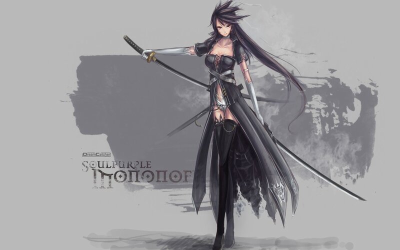 Female Warrior with Swords — Gray, Dramatic, Digital Art, Long Hair