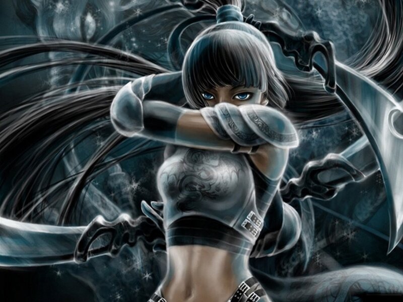 Female Warrior with Swords — Gray, Dramatic, Digital Art, Tattoos, Long Hair