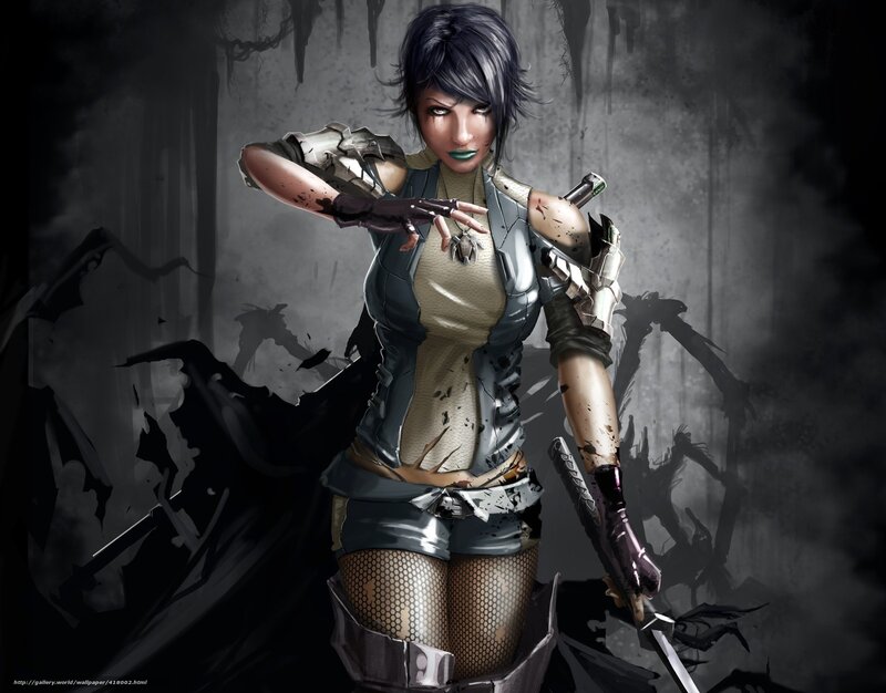 Female Warrior with Swords — Gray, Dramatic, Digital Art