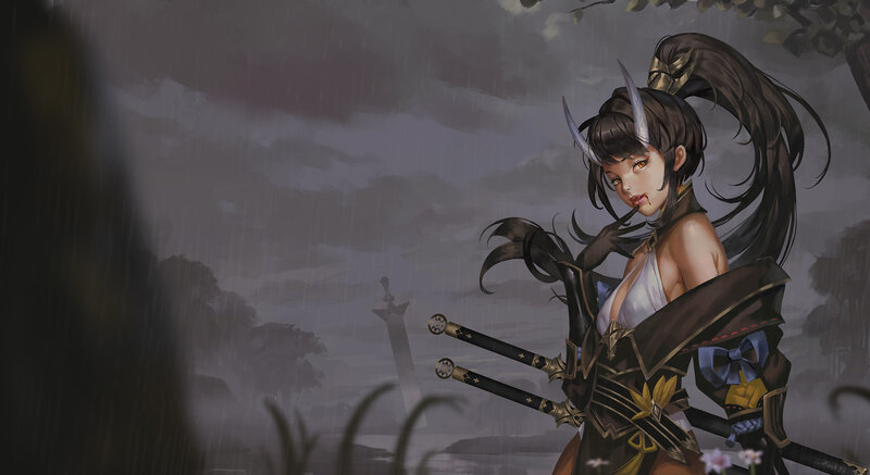 Female Warrior with Swords — Gray, Dramatic, Night