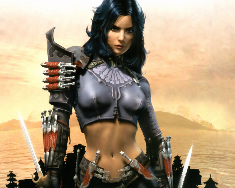 Female Warrior with Swords — Gray, Dramatic, Sunset