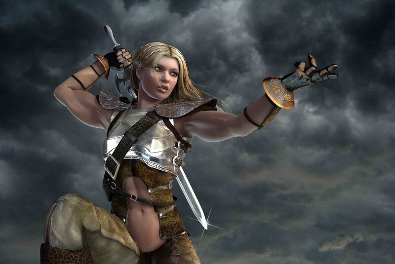 Female Warrior with Swords — Gray