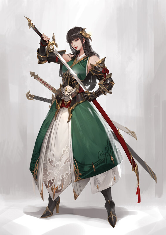 Female Warrior with Swords — Green, Dramatic, Digital Art, Armor