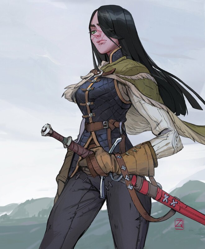 Female Warrior with Swords — Green, Dramatic, Digital Art, Cape