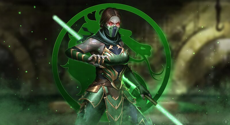 Female Warrior with Swords — Green, Dramatic, Digital Art, Mask