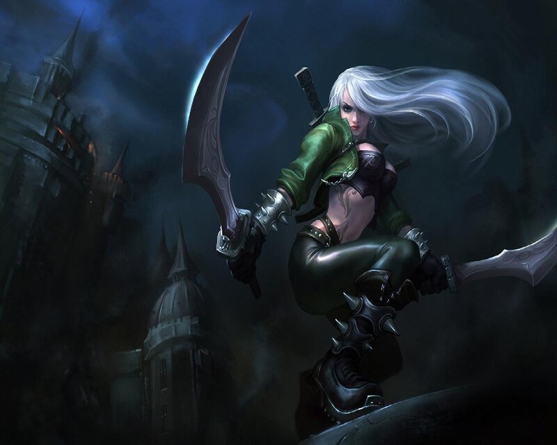 Female Warrior with Swords — Green, Dramatic, Night, Digital Art, Castle