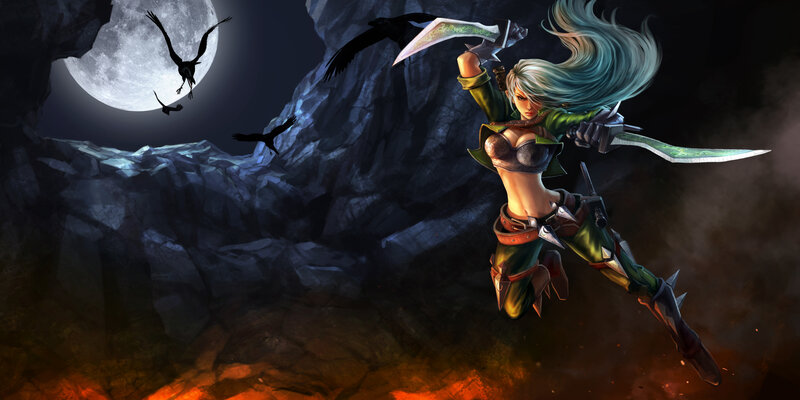 Female Warrior with Swords — Green, Dramatic, Night, Digital Art, Moon