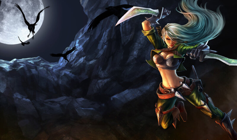 Female Warrior with Swords — Green, Dramatic, Night, Digital Art