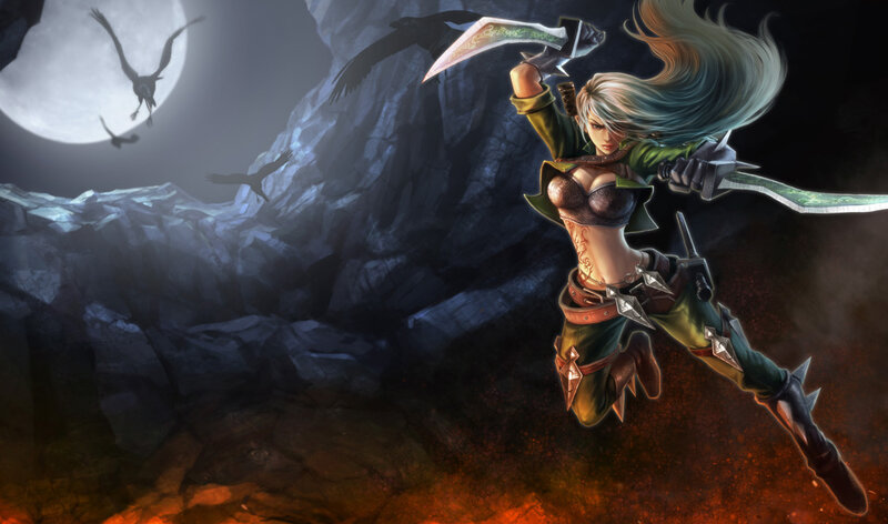 Female Warrior with Swords — Green, Dramatic, Night