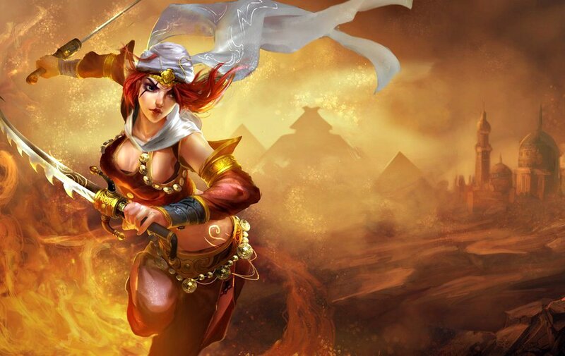 Female Warrior with Swords — Orange, Dramatic, Sunset, Digital Art, Pyramids