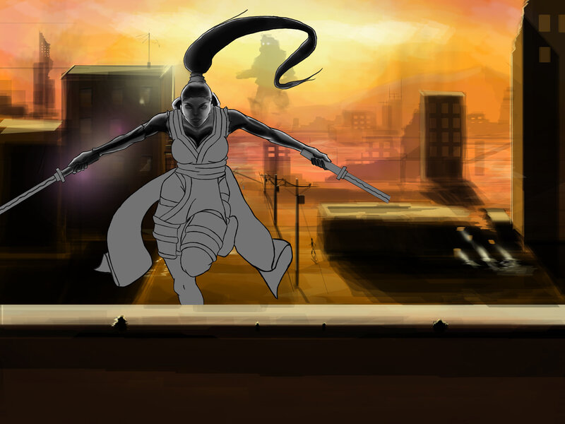 Female Warrior with Swords — Orange, Dramatic, Sunset, Digital Art