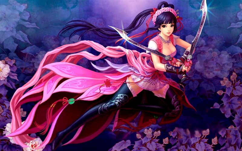 Female Warrior with Swords — Pink, Dramatic, Night, Digital Art