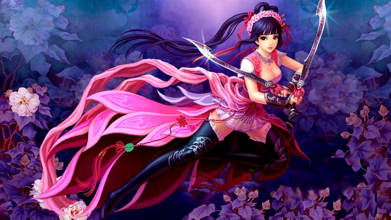 Female Warrior with Swords — Pink, Dramatic, Night