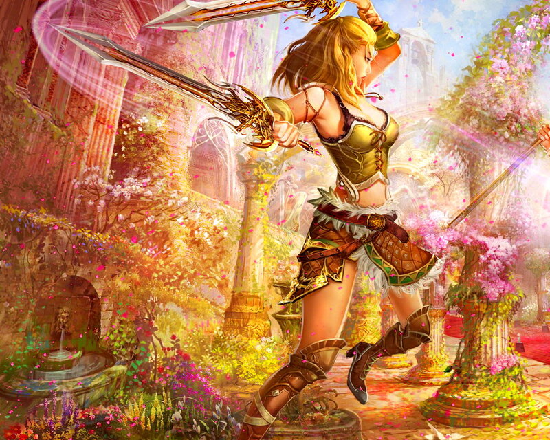 Female Warrior with Swords — Pink, Dramatic