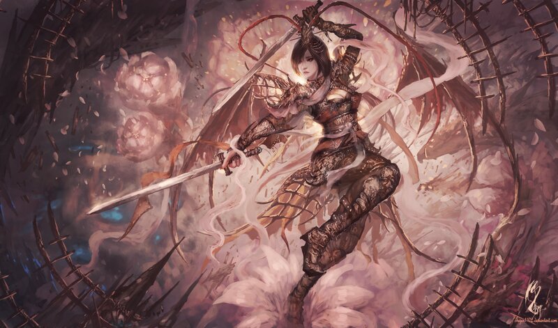 Female Warrior with Swords — Purple, Dramatic, Digital Art, Armor, Flowers