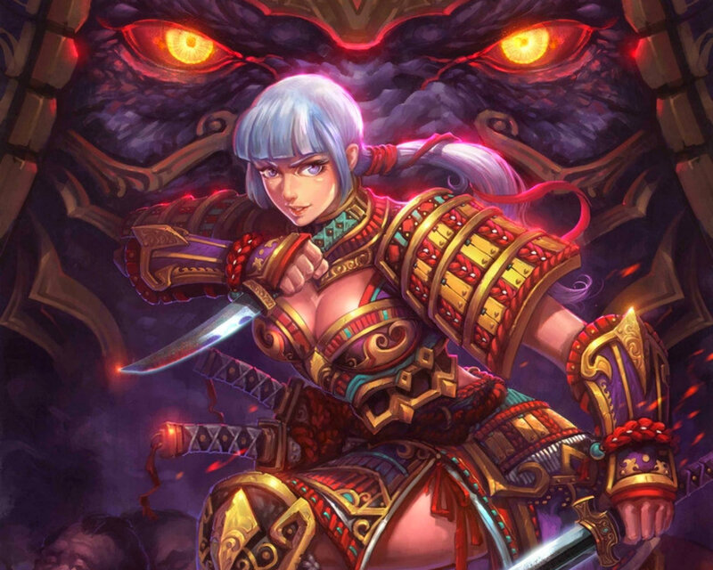 Female Warrior with Swords — Purple, Dramatic, Digital Art, Armor