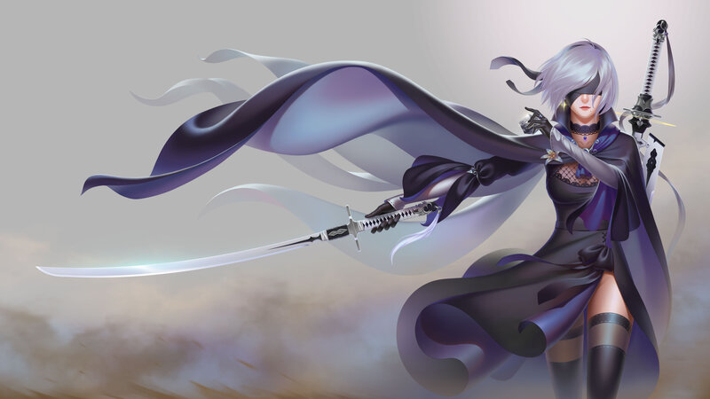 Female Warrior with Swords — Purple, Dramatic, Digital Art, Cape, Blindfold