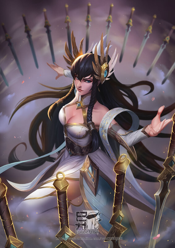Female Warrior with Swords — Purple, Dramatic, Digital Art, Crown