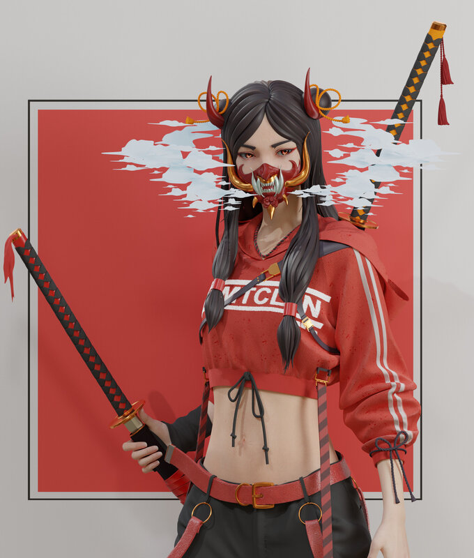 Female Warrior with Swords — Red, Dramatic, 3d Render