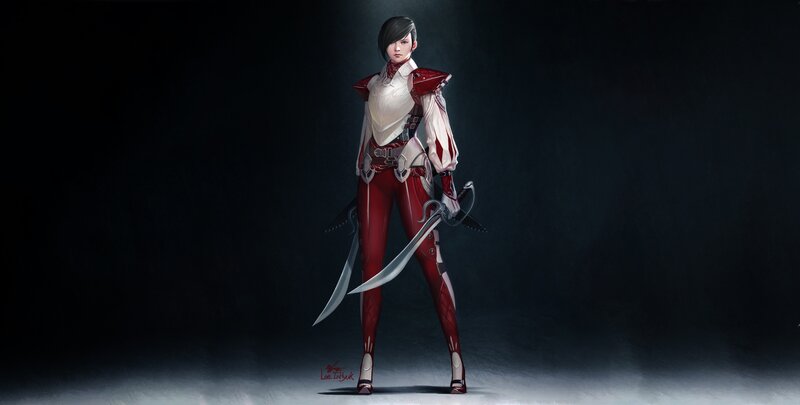 Female Warrior with Swords — Red, Dramatic, Digital Art, Armor, Dark Background