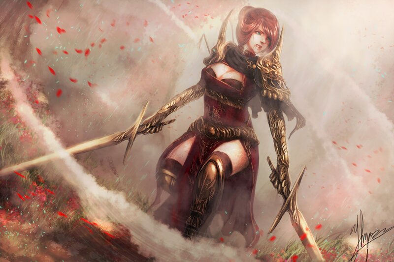 Female Warrior with Swords — Red, Dramatic, Digital Art, Armor