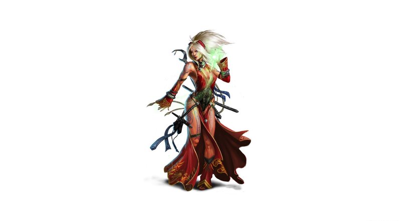 Female Warrior with Swords — Red, Dramatic, Digital Art, Magic