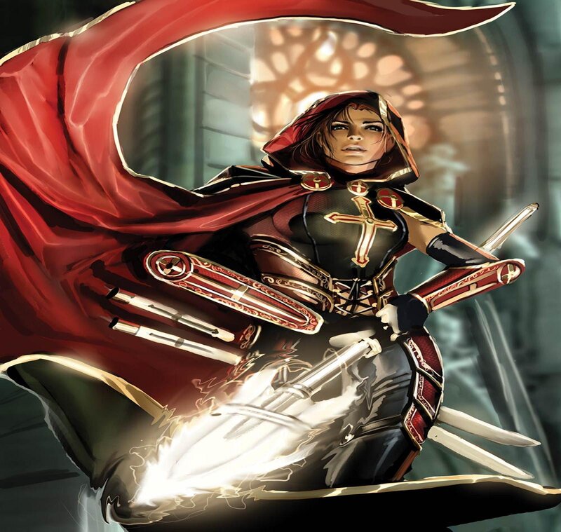 Female Warrior with Swords — Red, Dramatic, Digital Art, Red Cloak