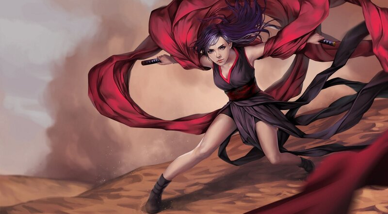 Female Warrior with Swords — Red, Dramatic, Digital Art, Red Cloth