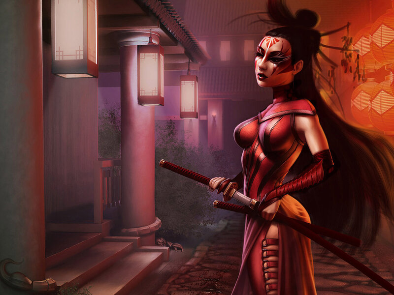 Female Warrior with Swords — Red, Dramatic, Night