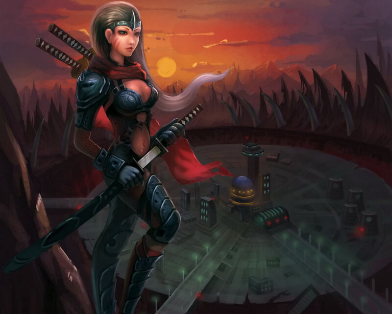 Female Warrior with Swords — Red, Dramatic, Sunset