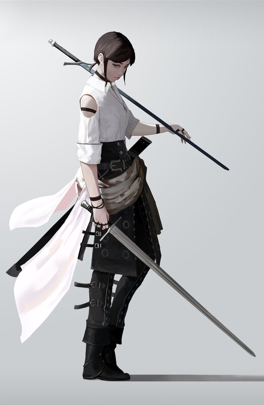 Female Warrior with Swords — White, Serious