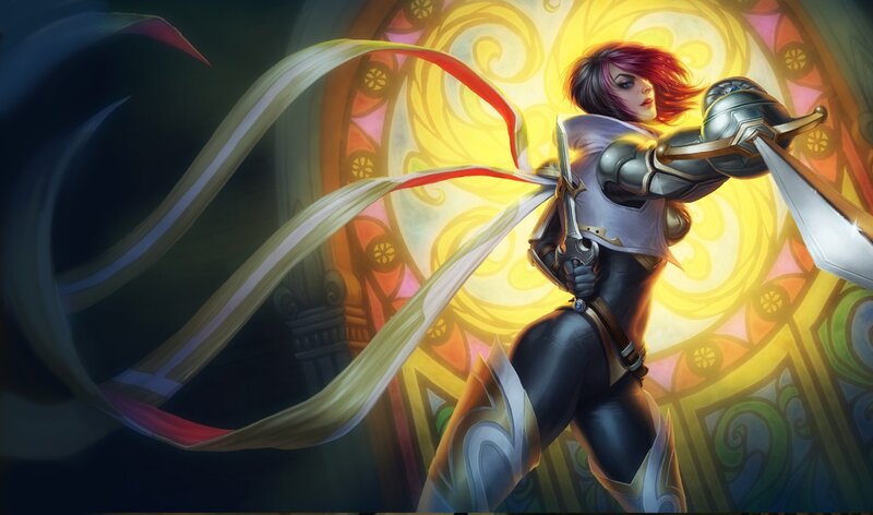 Female Warrior with Swords — Yellow, Dramatic, Digital Art, Stained Glass, Ribbon
