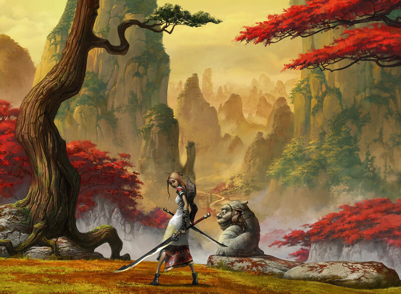Female Warrior with Swords — Yellow