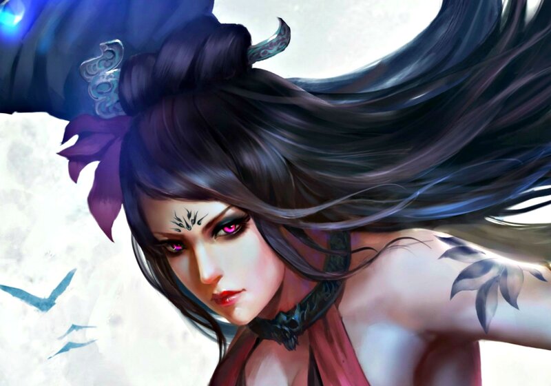 Female Warrior with Tattoos — Black, Dramatic, Digital Art